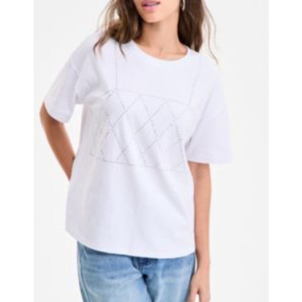Bar III Women's Studded Crewneck ShortSleeve T-Shirt White L
